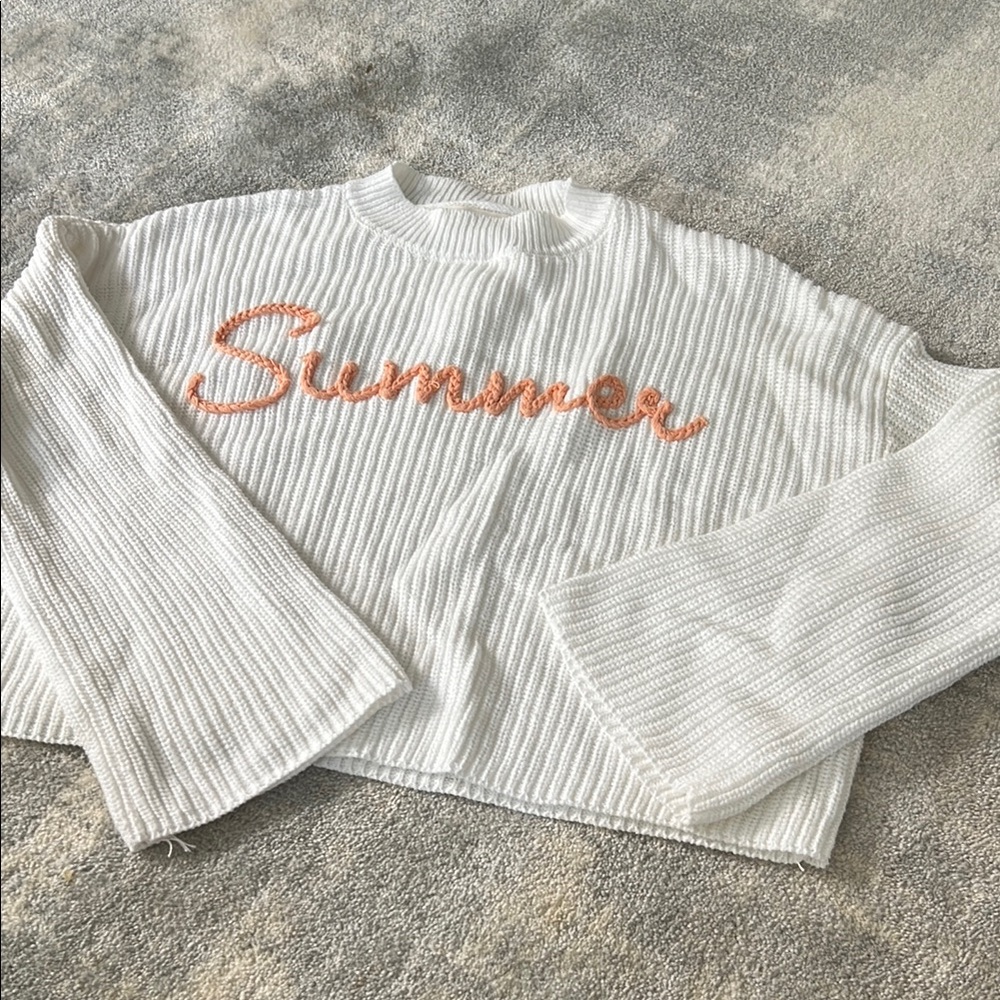 White Sweater with Orange 'Summer' Embroidery